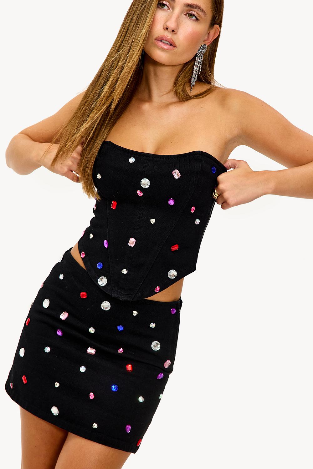 Black denim skirt with rhinestones