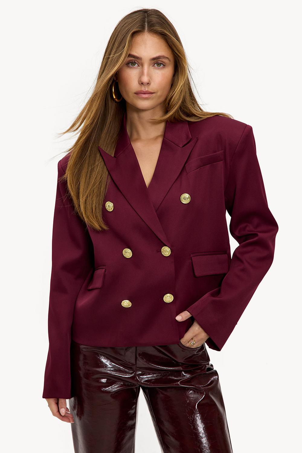 Bordeaux red blazer with gold buttons