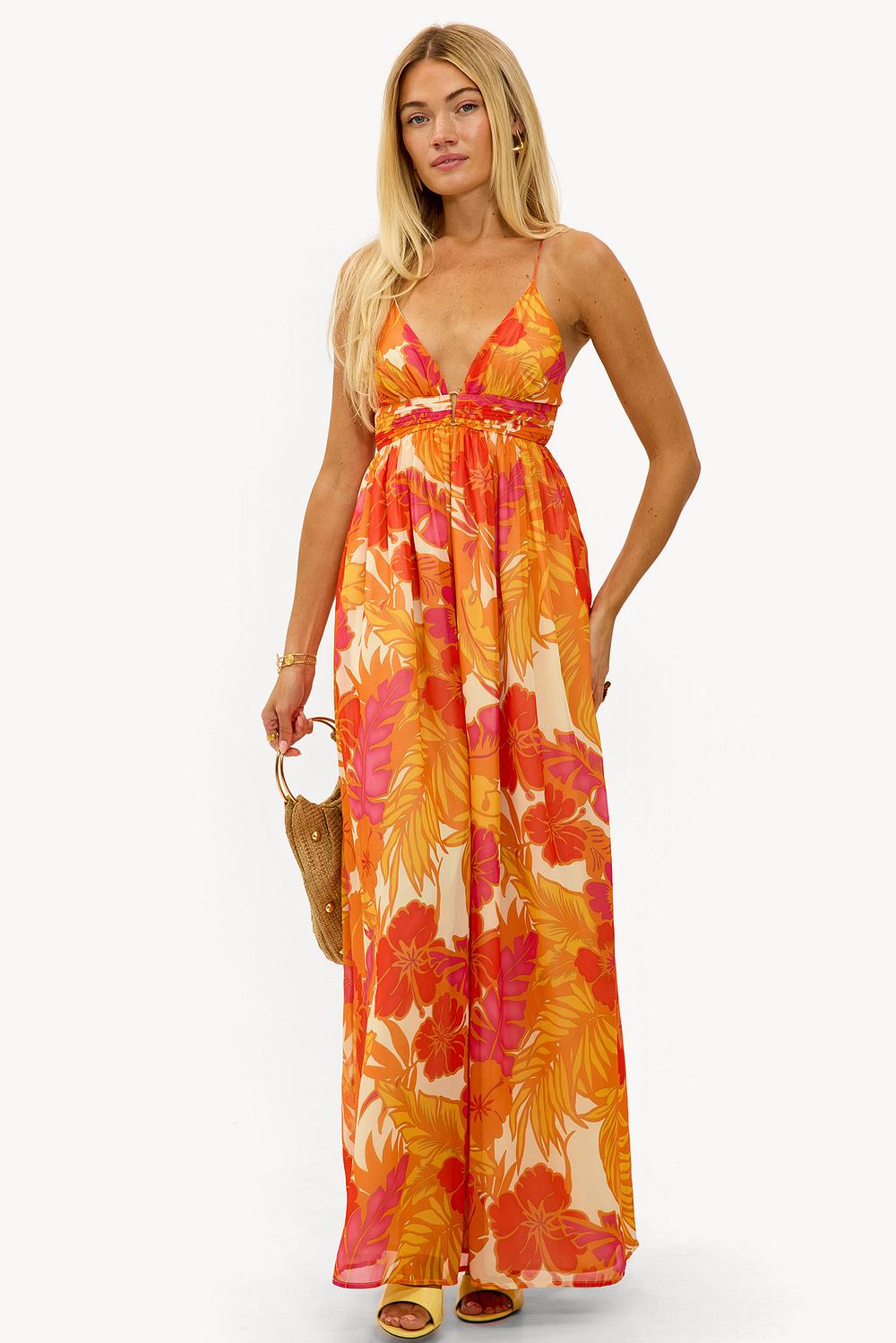 Robe orange à fleurs