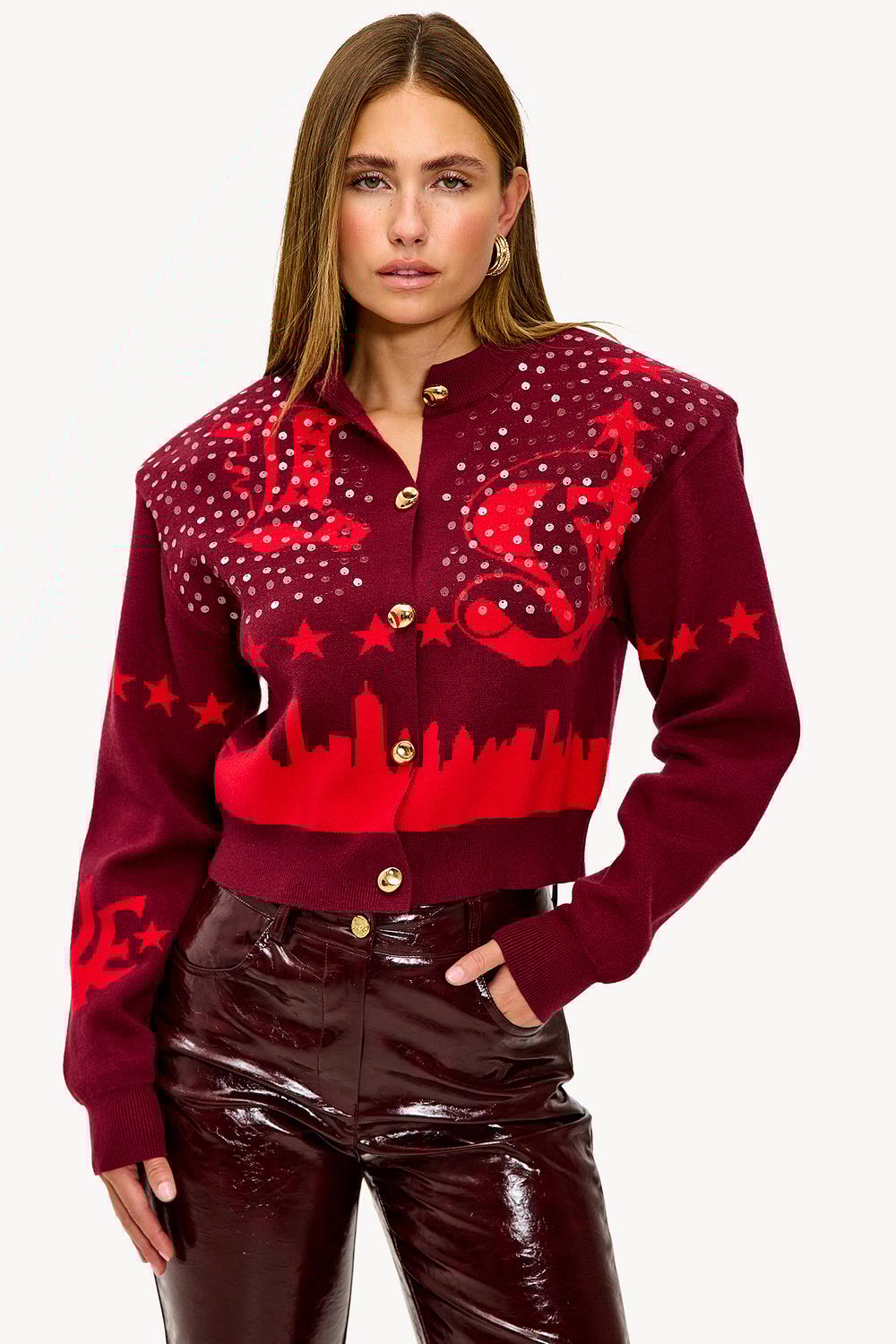 Burgundy cardigan with print
