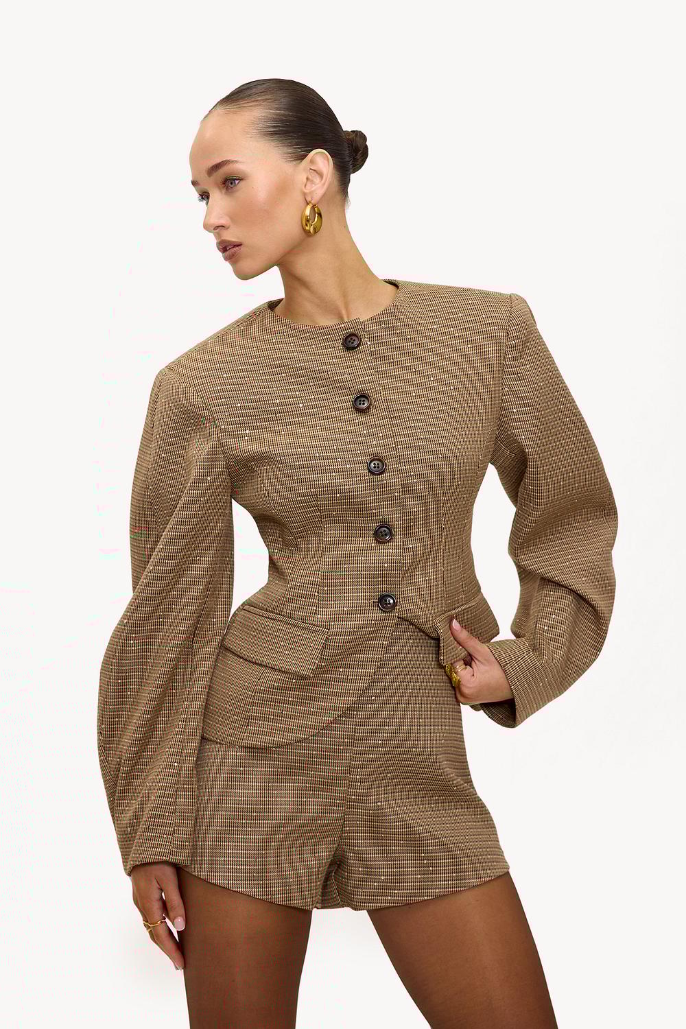 Light brown shorts with checks and rhinestones