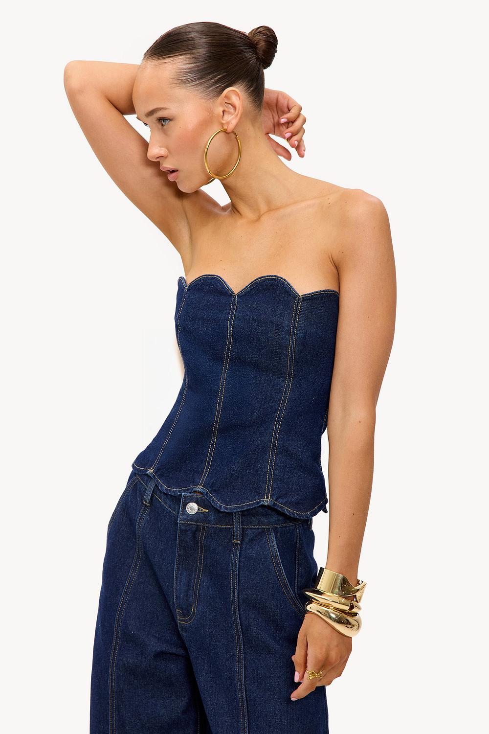 Top en denim bleu foncé