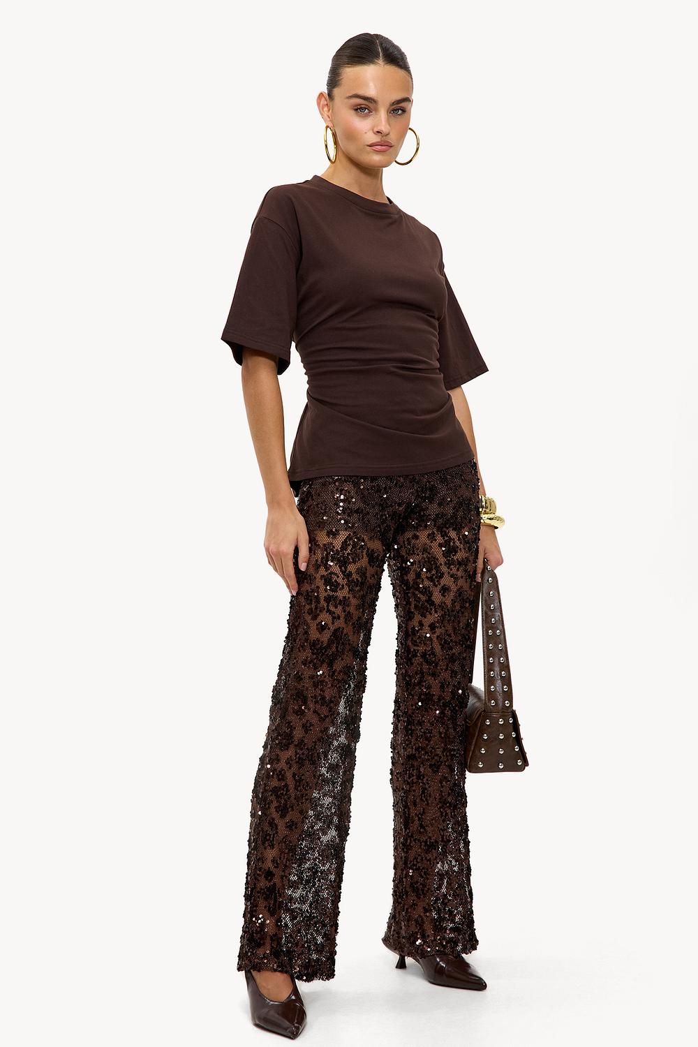 Pantalon marron en maille avec paillettes