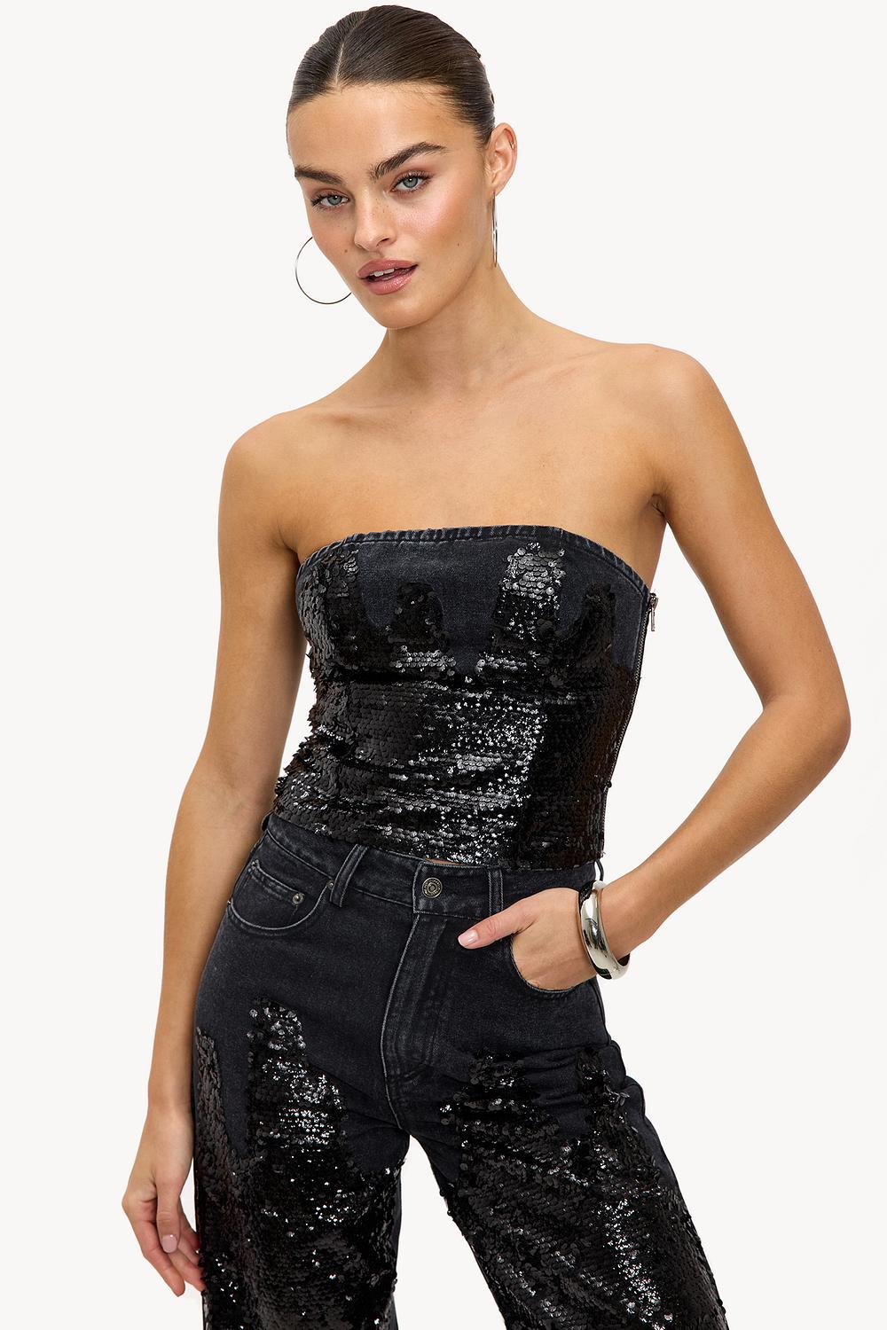 Black strapless sequin top