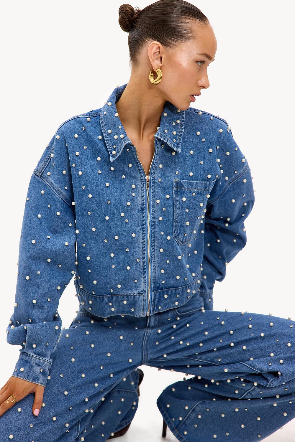 Blue denim jacket with pearls