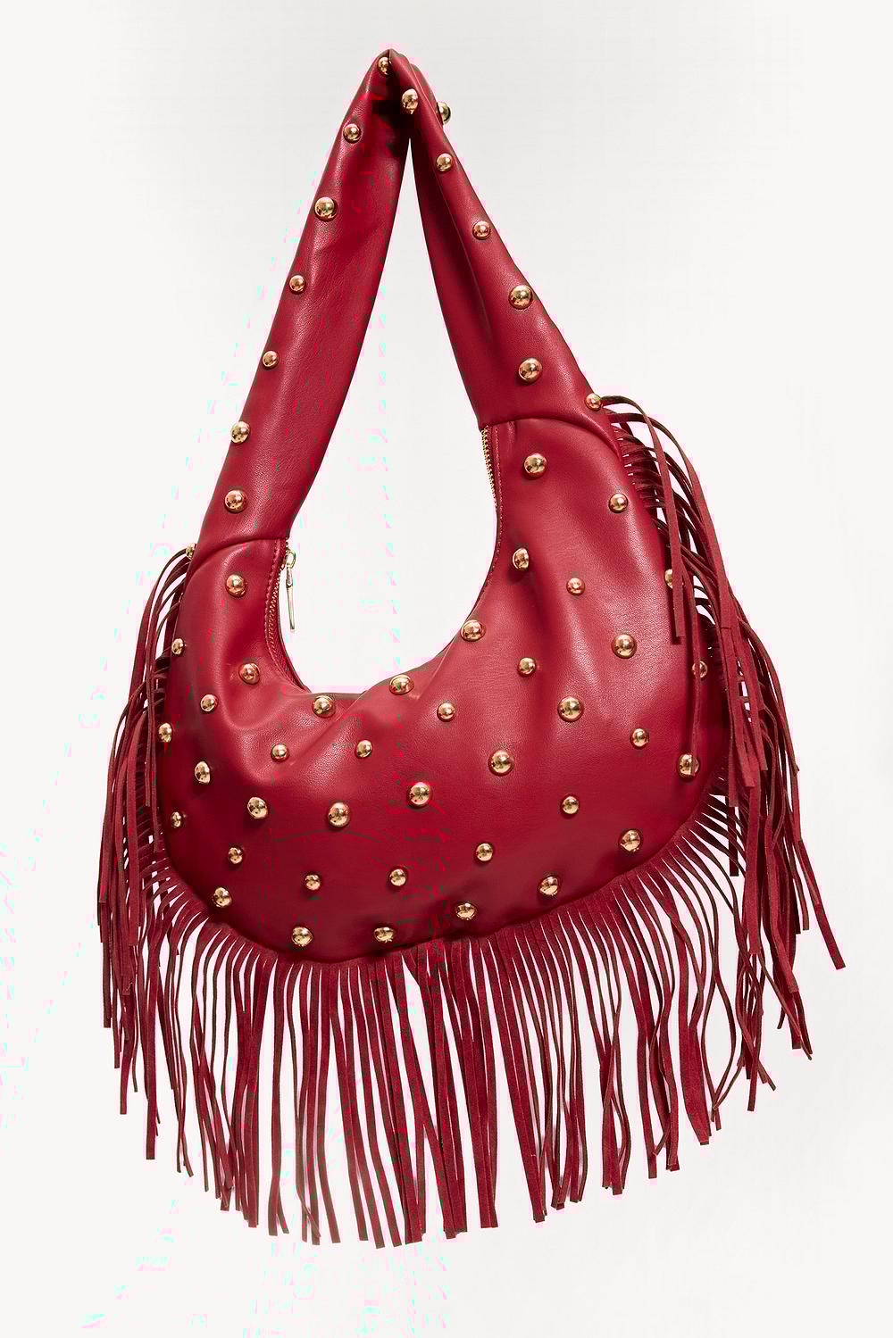Sac rouge avec clous dorés et franges