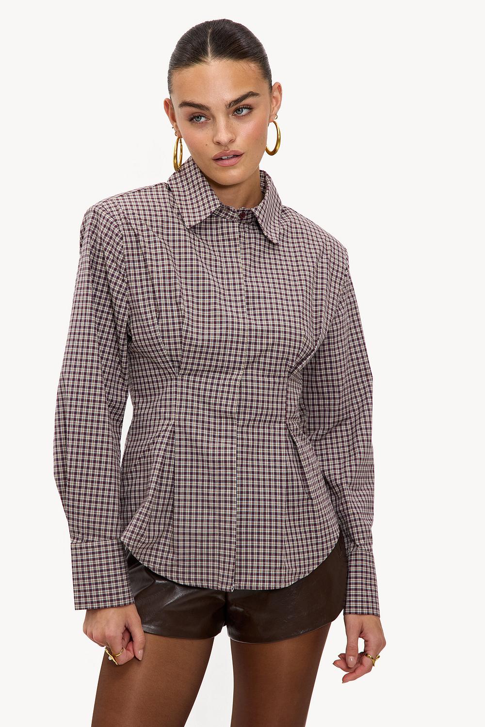 Brown checkered blouse with shoulder pads