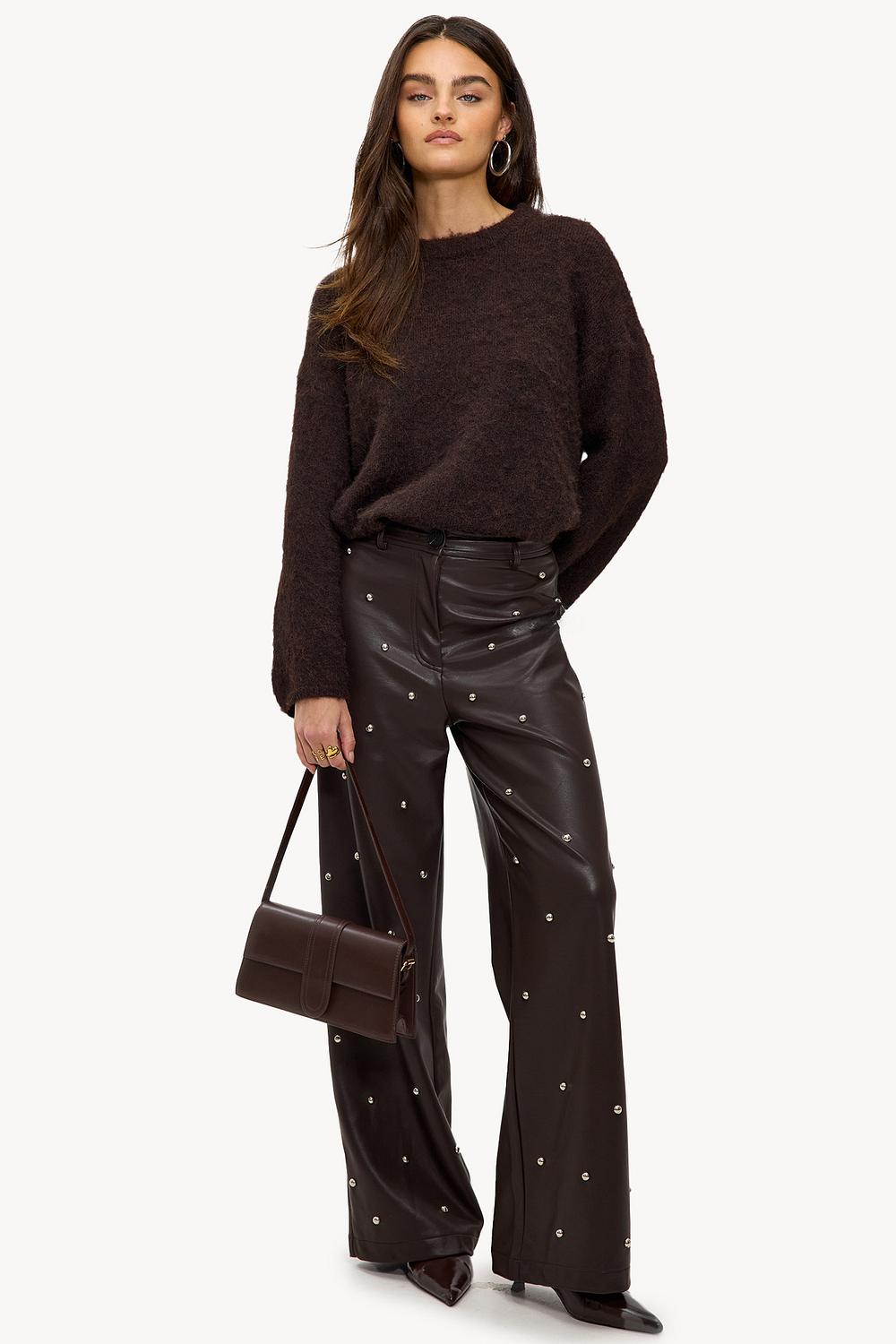 Brown PU trousers with silver studs