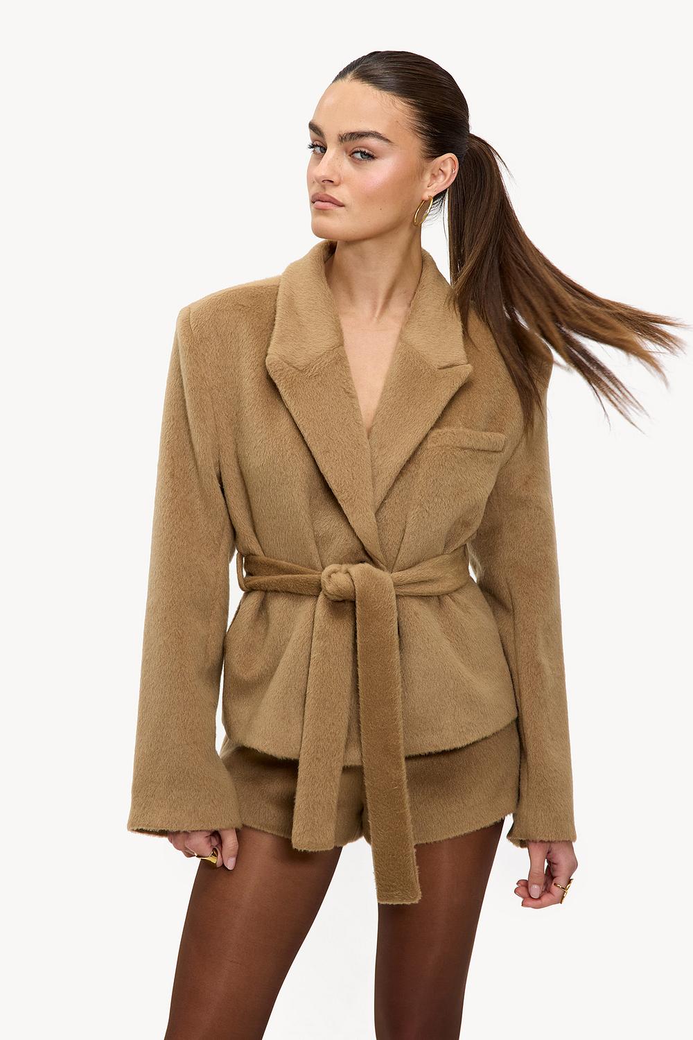 Camel blazer with brushed wool look