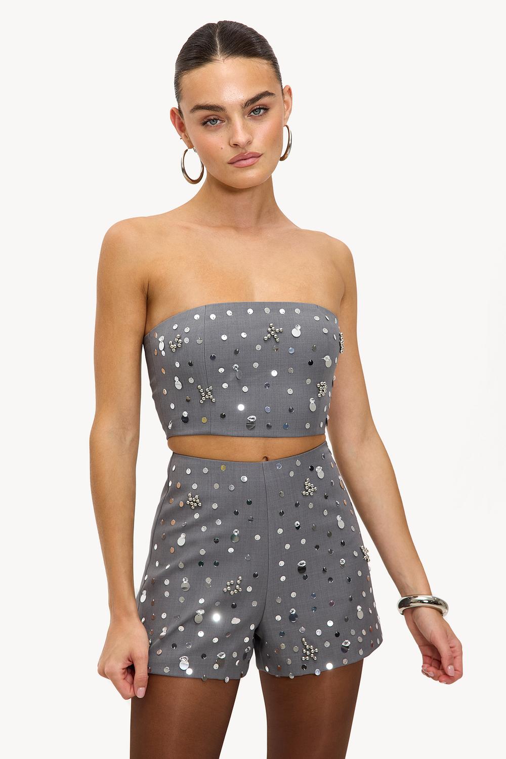 Grey bandeau top with silver sequins