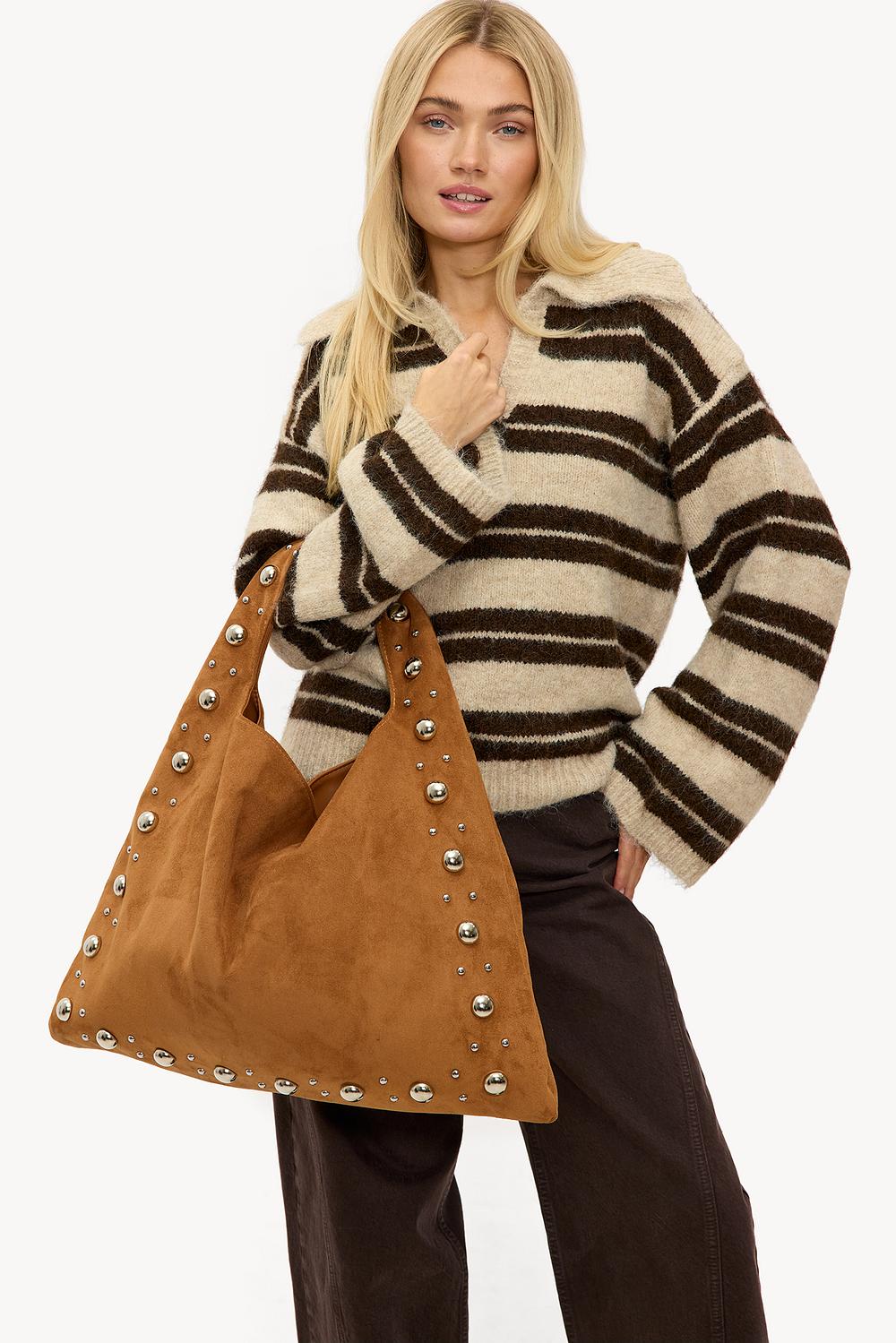 Camel suede-look bag with silver studs