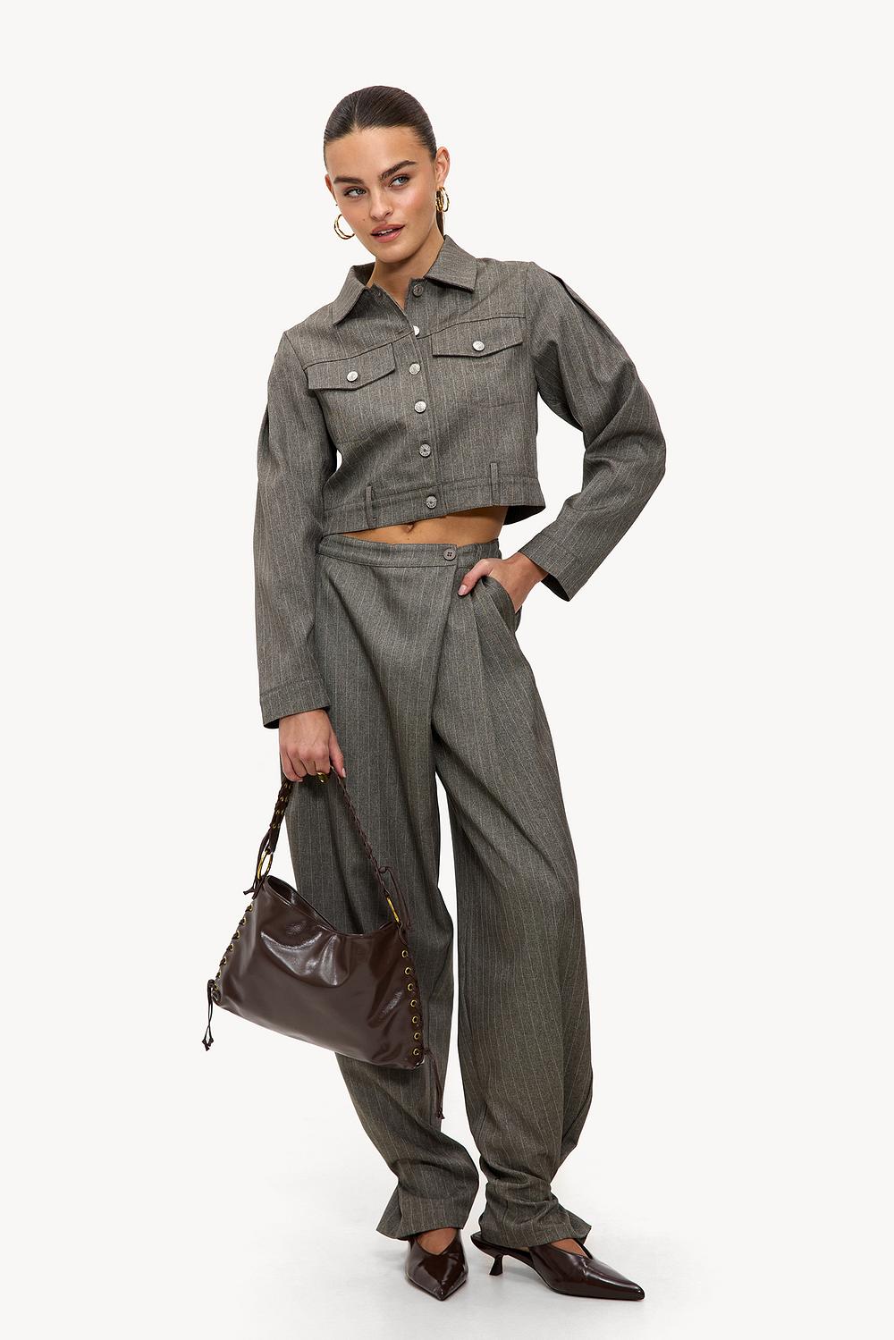 Grey striped trousers with wrap detail