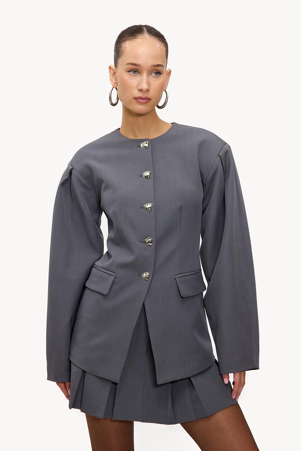 Dark grey blazer with silver buttons