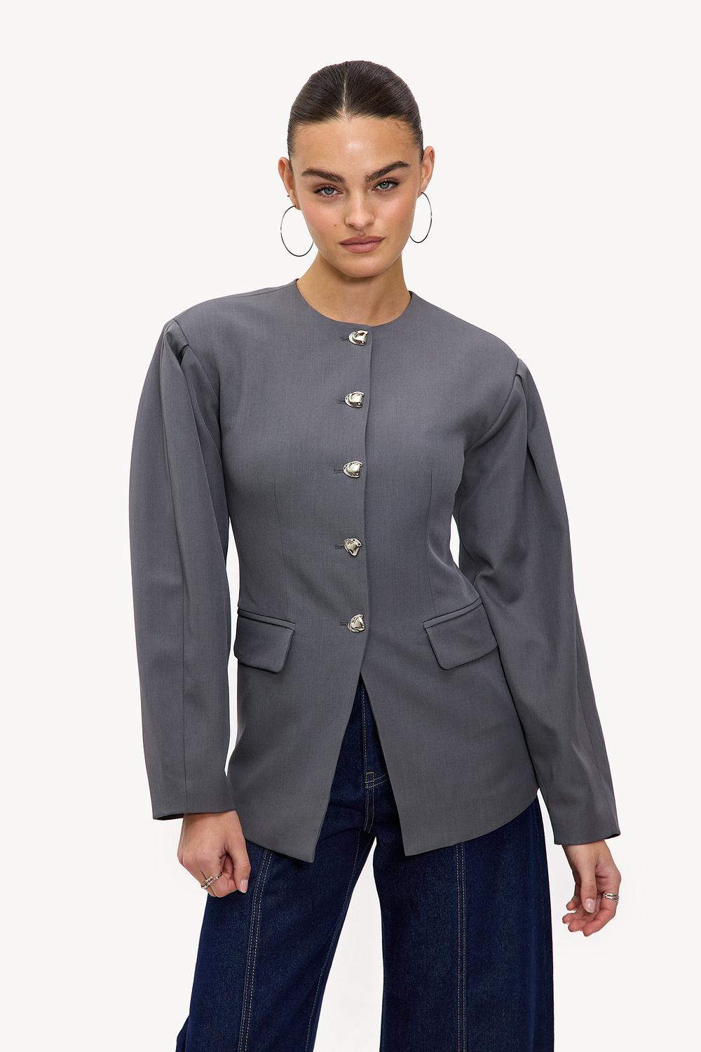 Dark grey blazer with silver buttons
