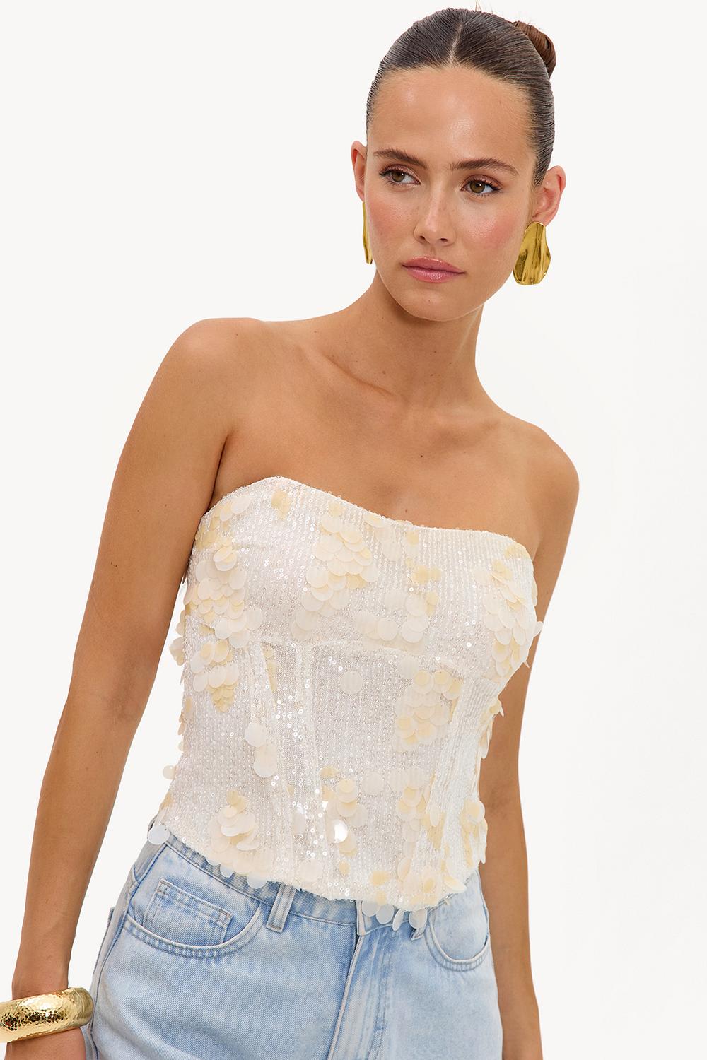 Off-white corset top with sequins