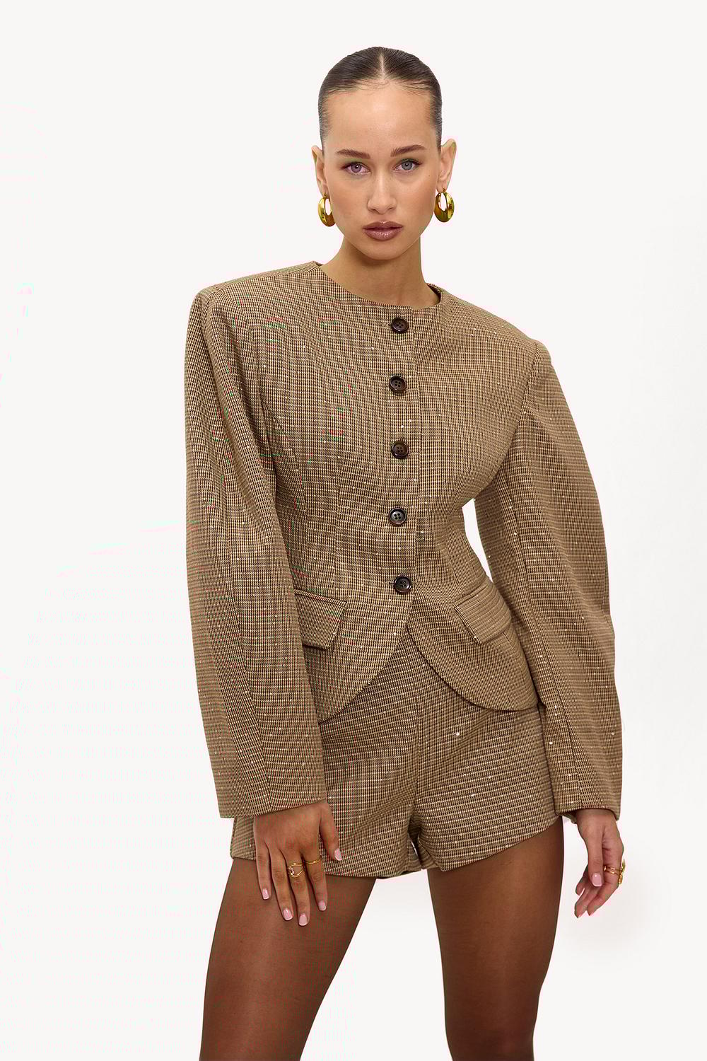 Light brown jacket with check pattern and rhinestones
