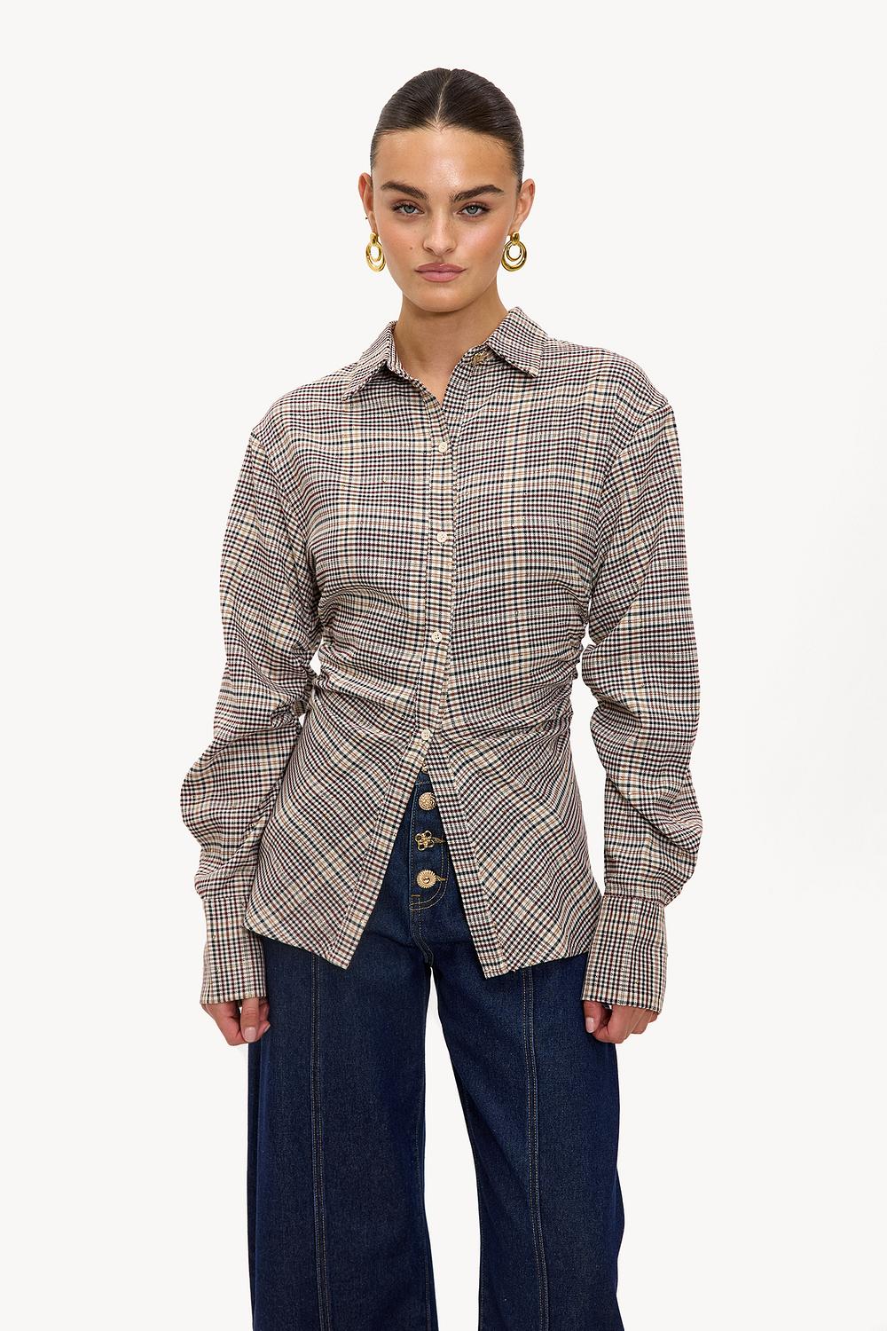 Beige checked blouse with rhinestones