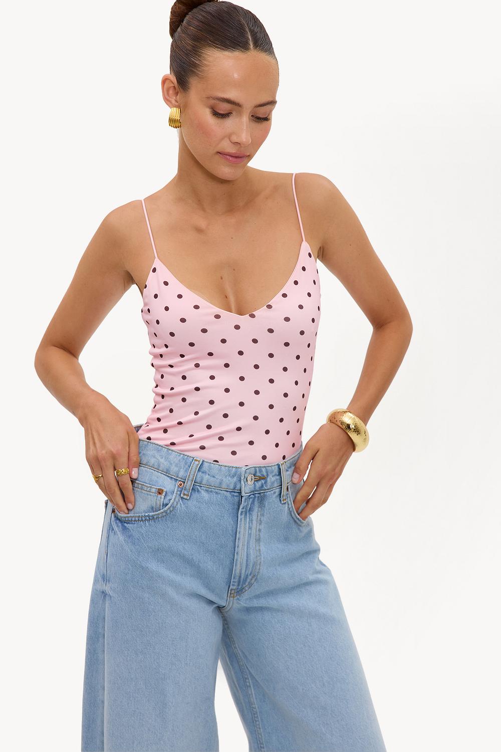 Light pink top with polka dots