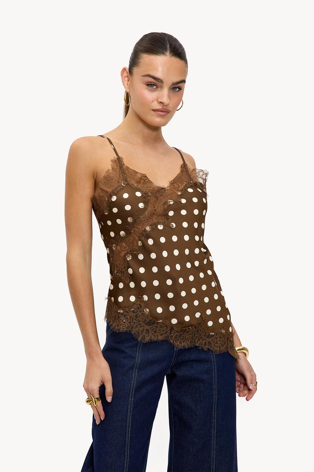 Light brown lace and polka dot top