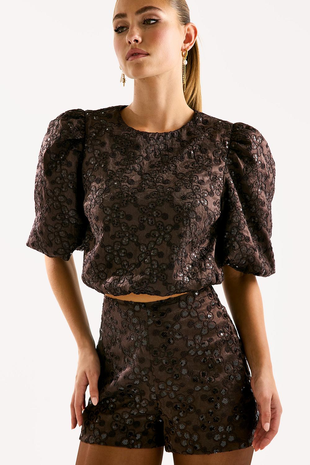 Donkerbruine short met sequins