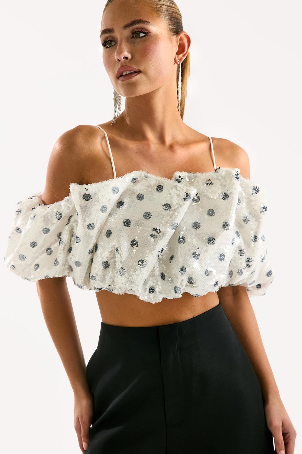 White polka dot top with sequins