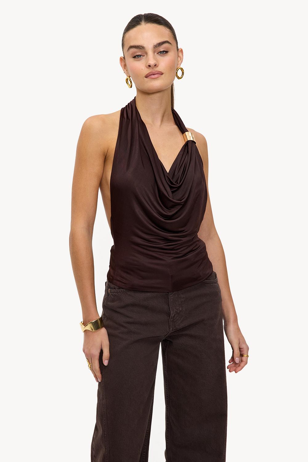 Haut dos nu marron avec détail doré