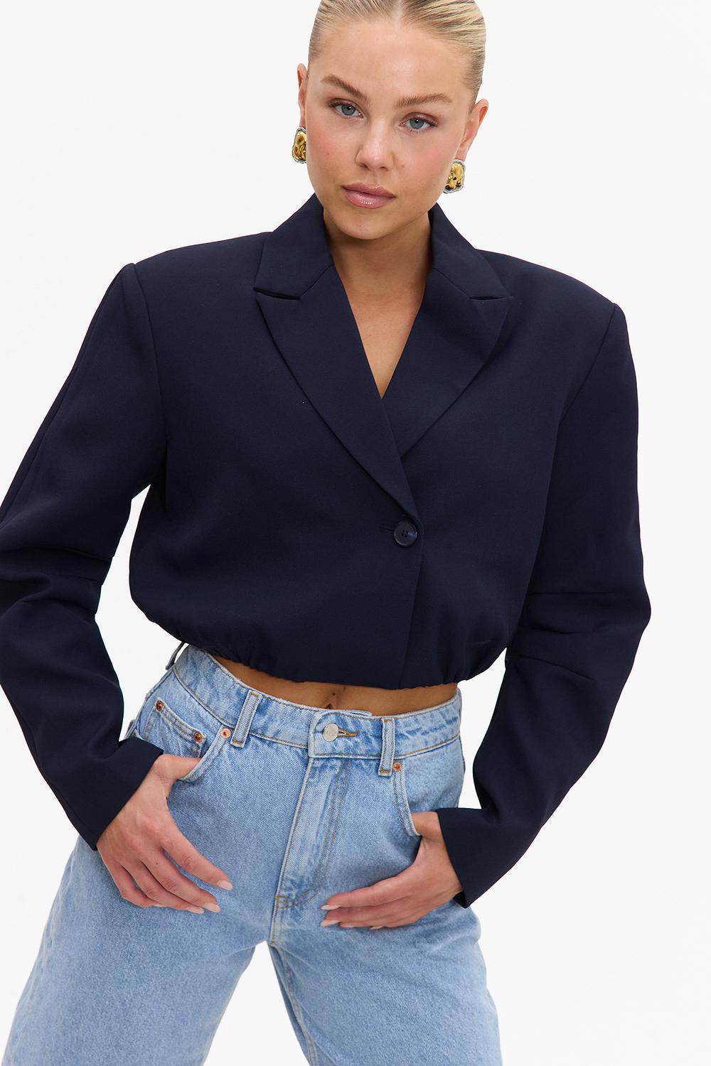 Dark blue cropped blazer with shoulder pads