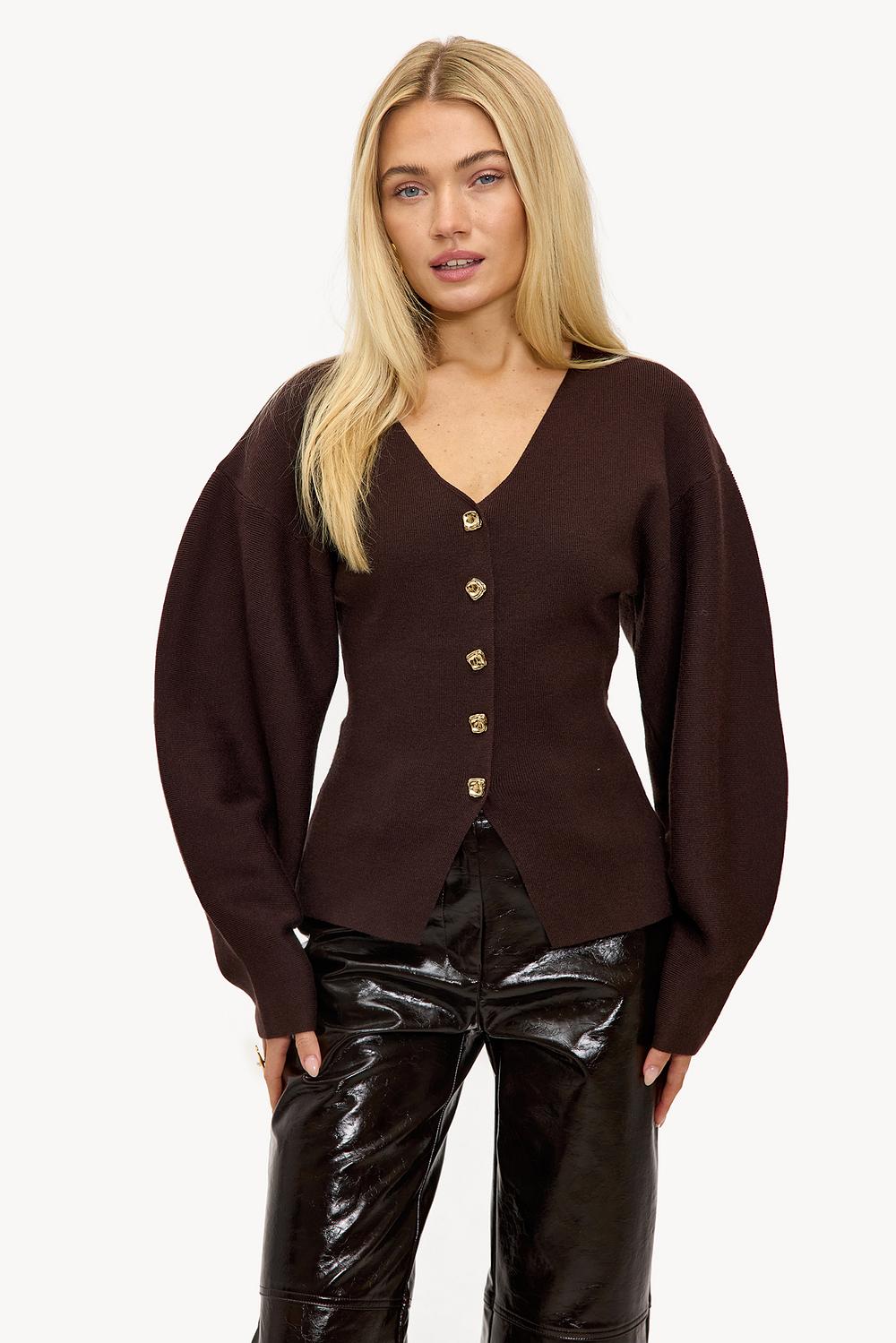 Dark brown cardigan with gold buttons