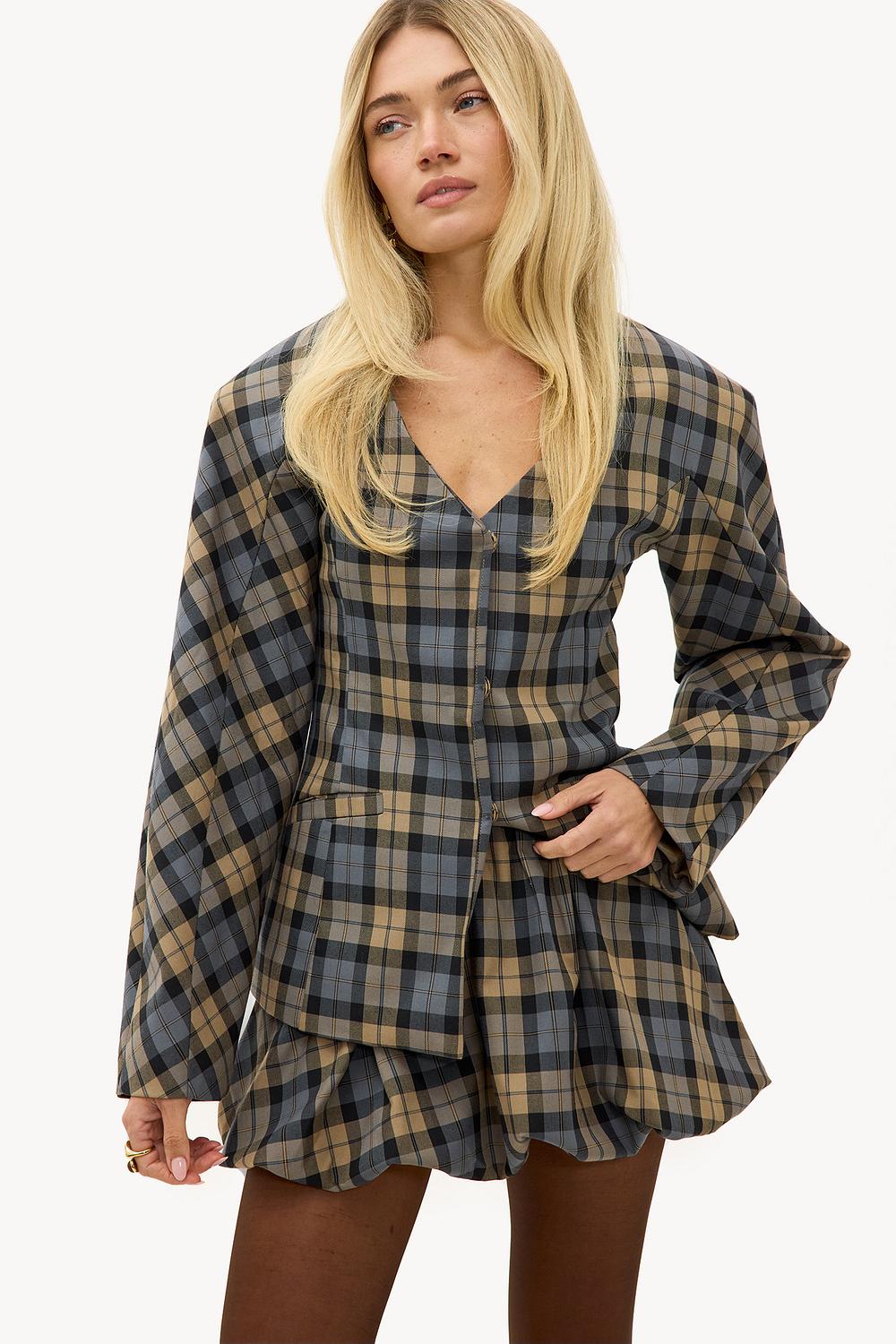 Lichtblauwe geruite balloon rok