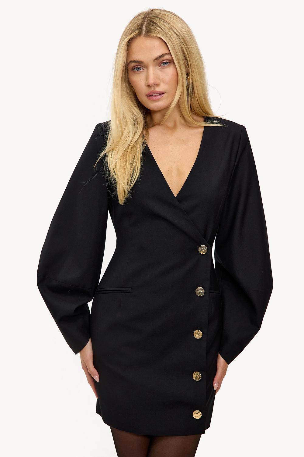 Black blazer dress with gold buttons