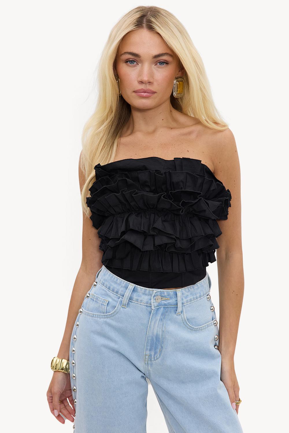 Black strapless ruffle top