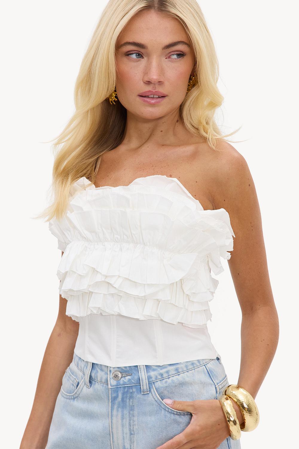 White strapless ruffle top