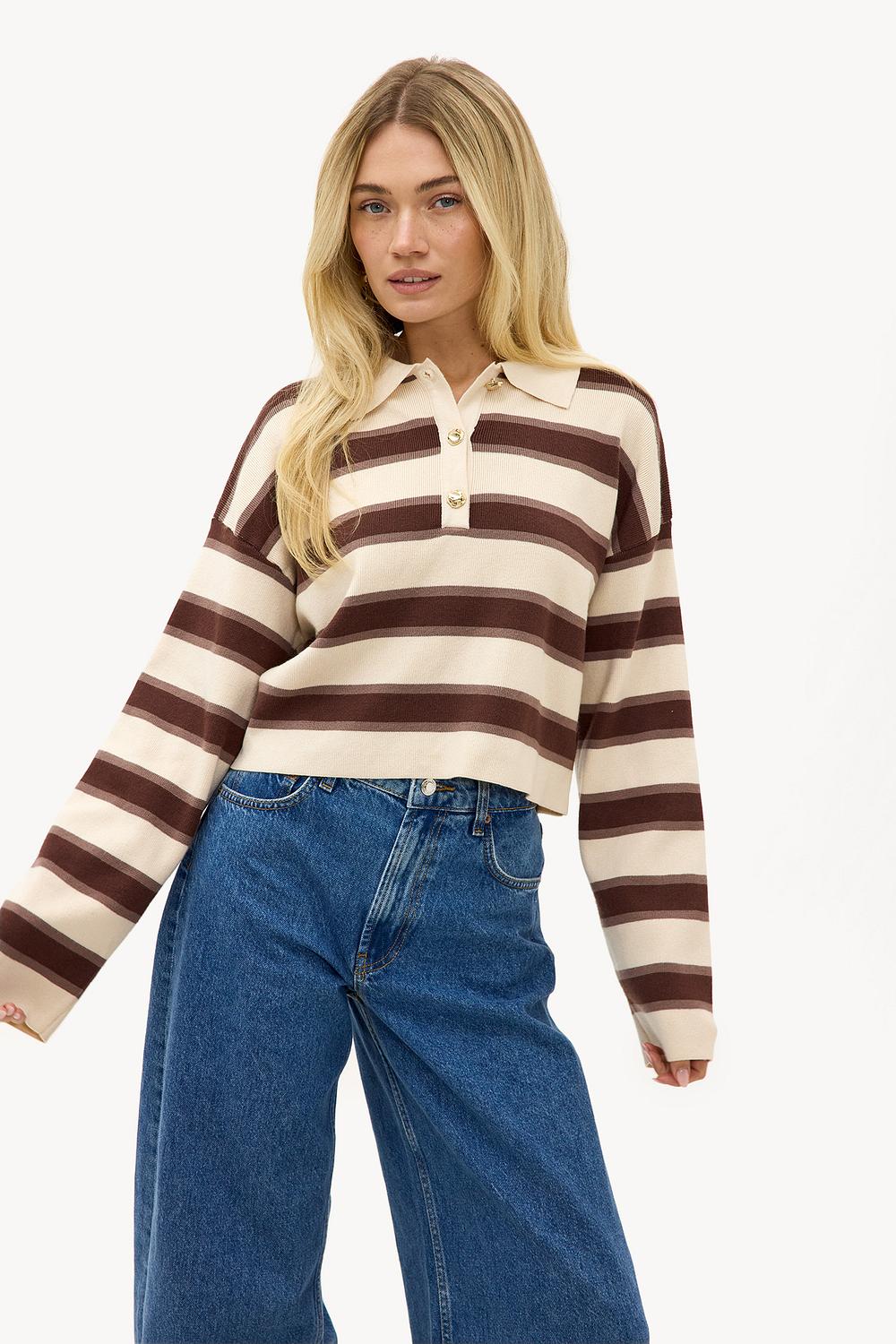 Bruine polo met beige strepen