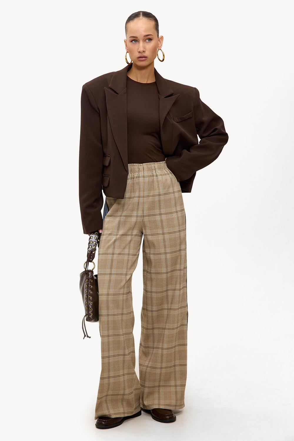 Beige checkered trousers with blue stripes