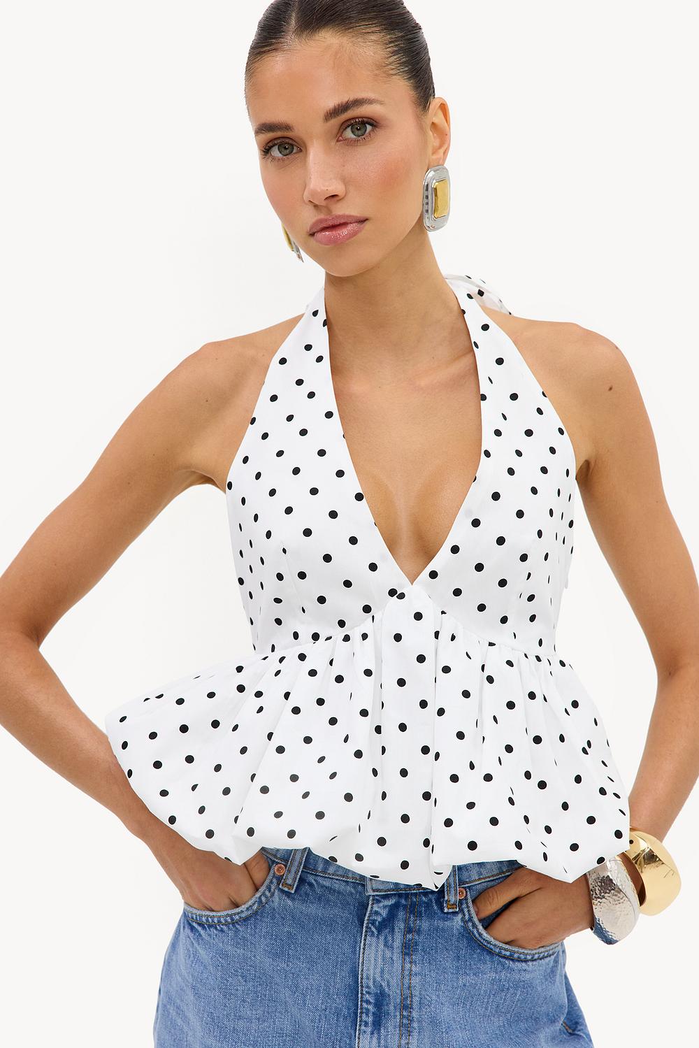 Haut dos nu blanc bouffant à pois