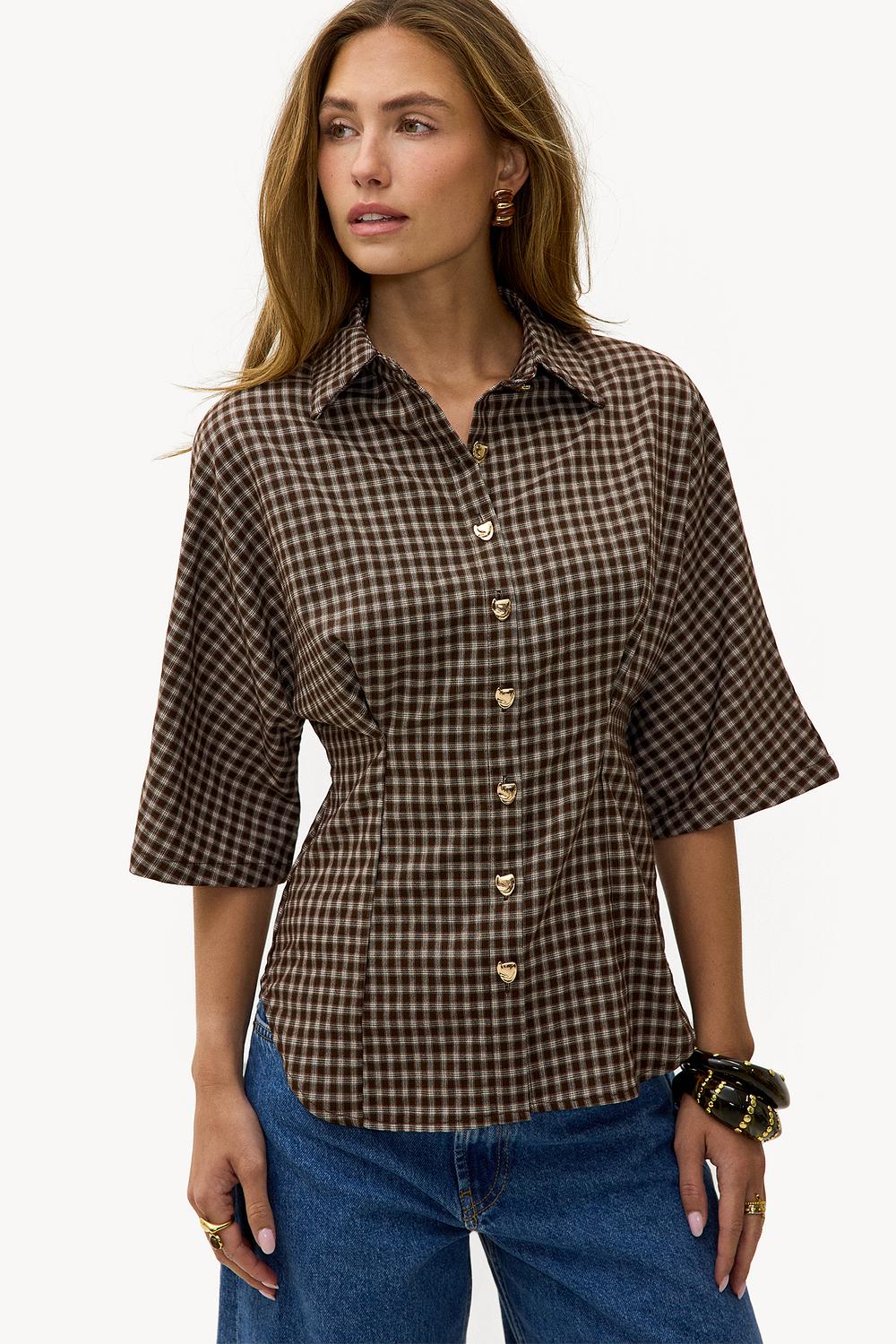 Brown checked blouse with gold buttons