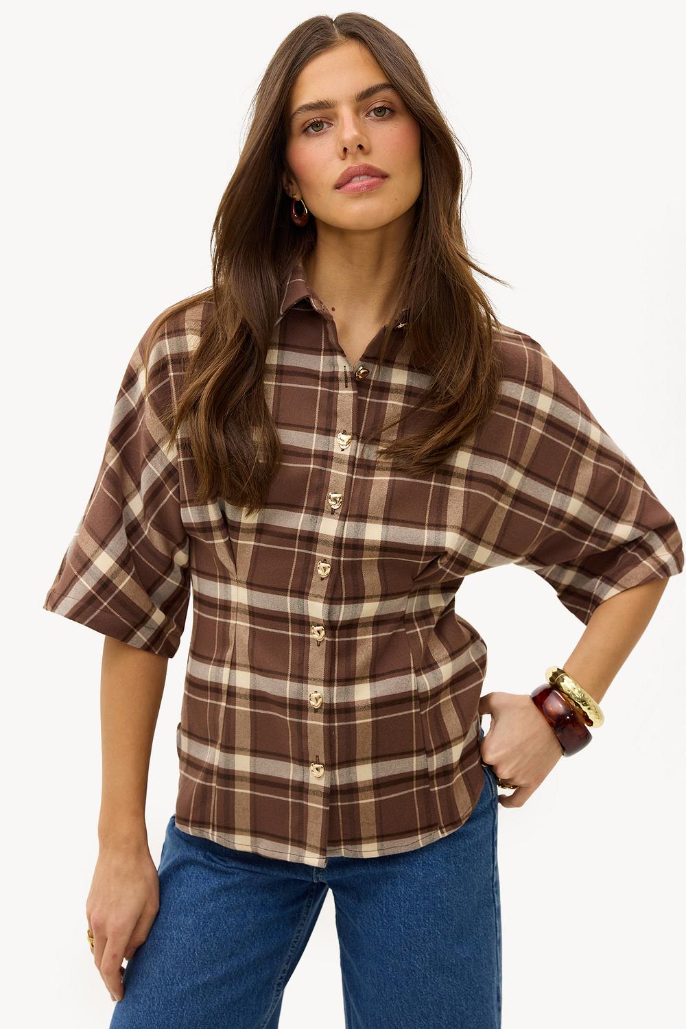 Brown checked blouse with gold buttons