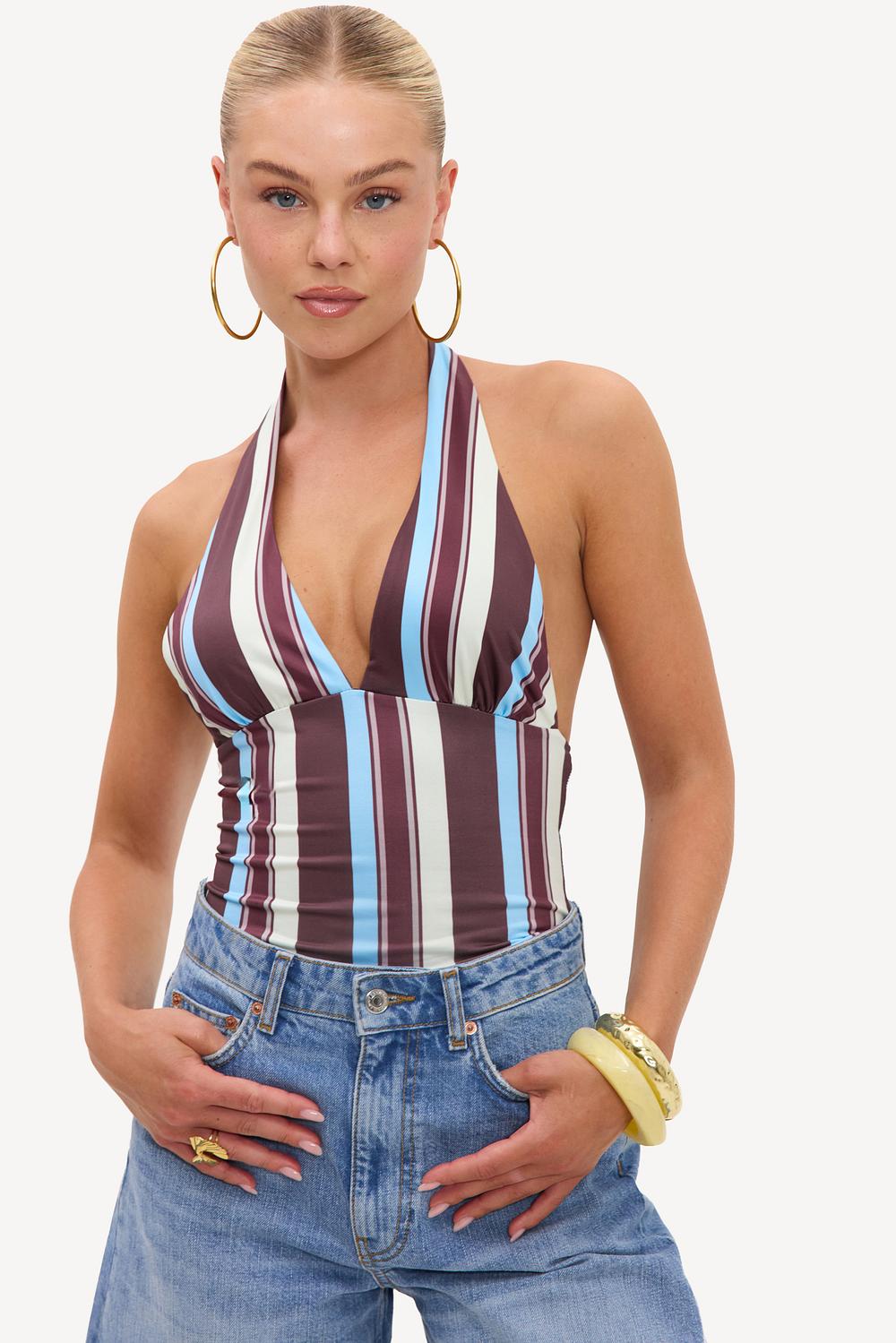 Brown halter top with blue and off-white stripes