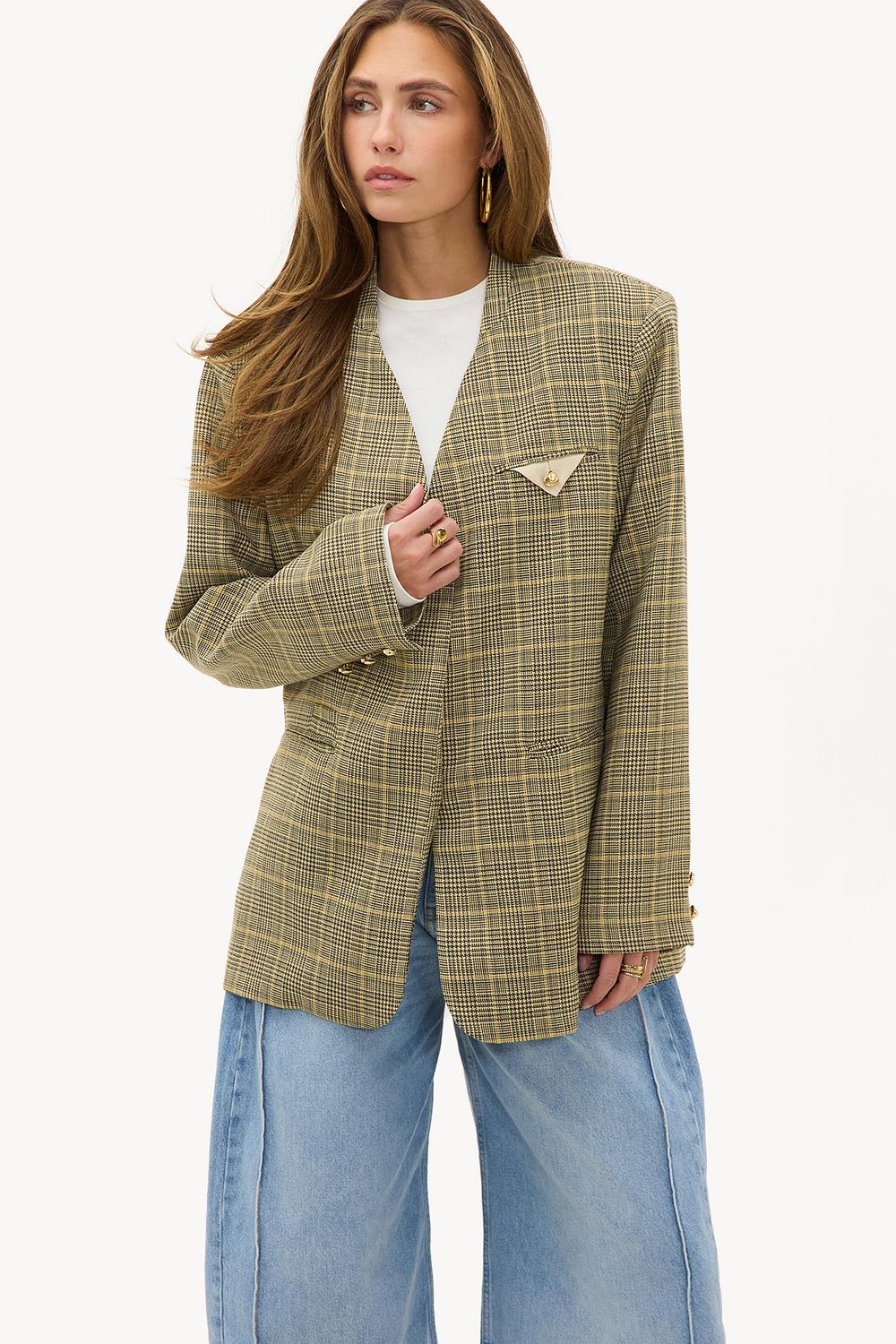 Zandkleurige geruite oversized blazer met schoudervulling