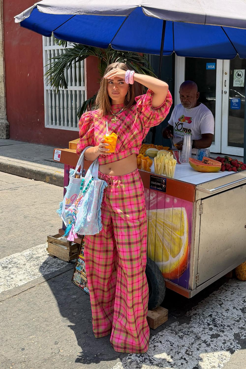 Pink checked trousers