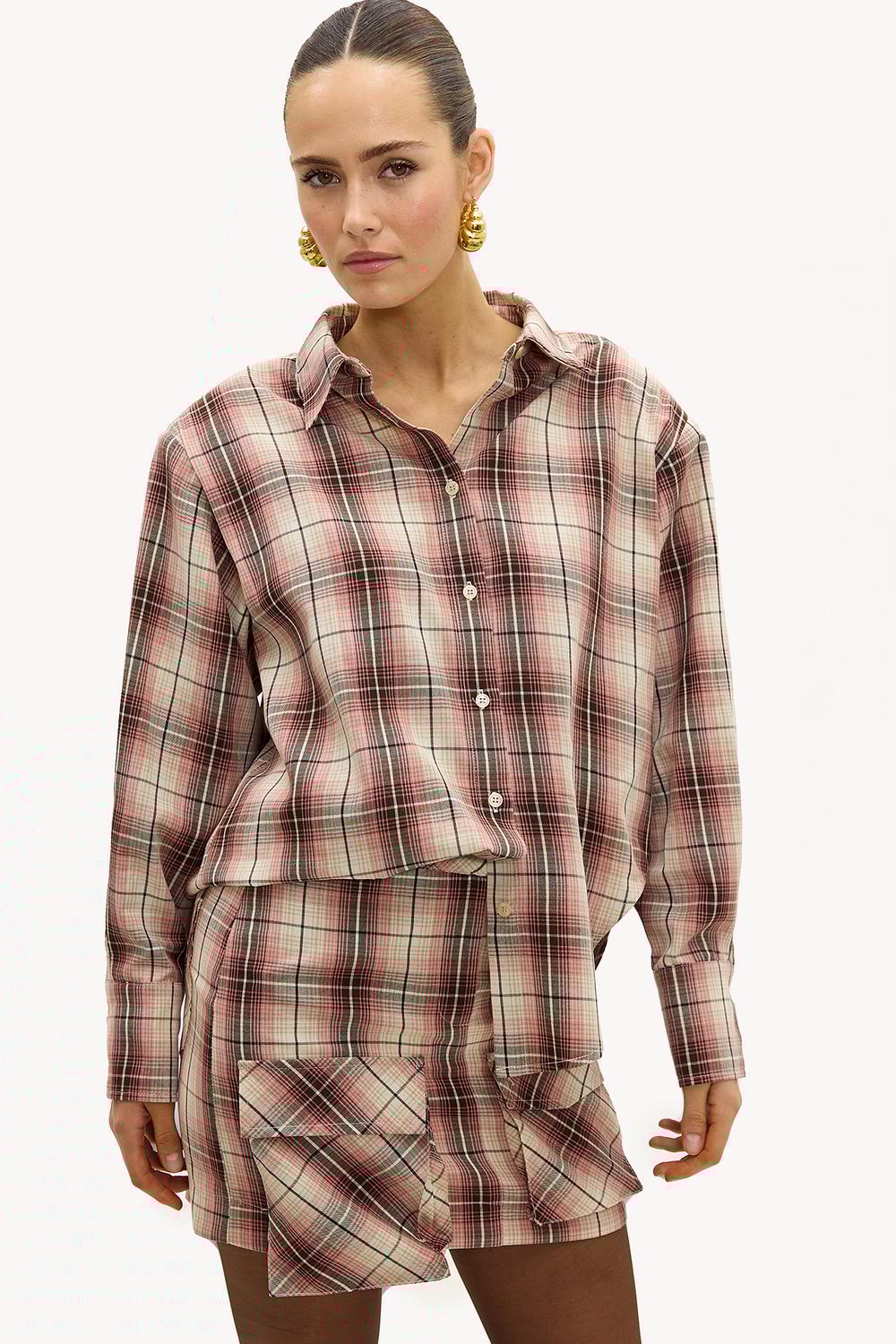 Falda rosa a cuadros con bolsillos