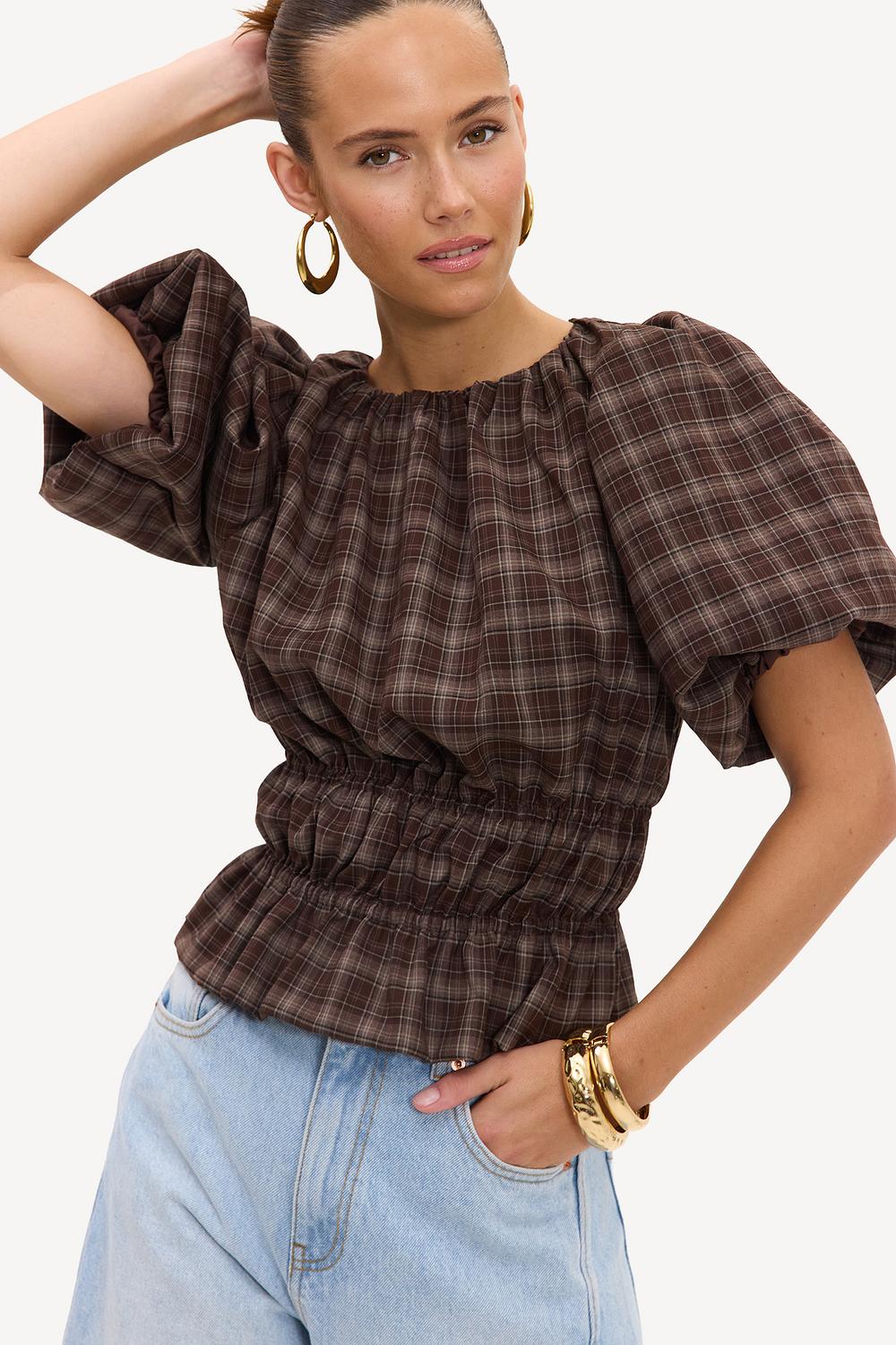 Dark brown plaid top with puff sleeves