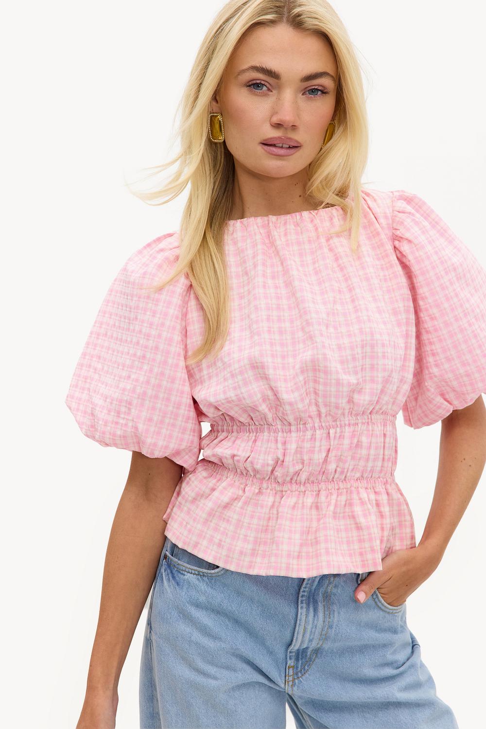 Pink checked top with puff sleeves