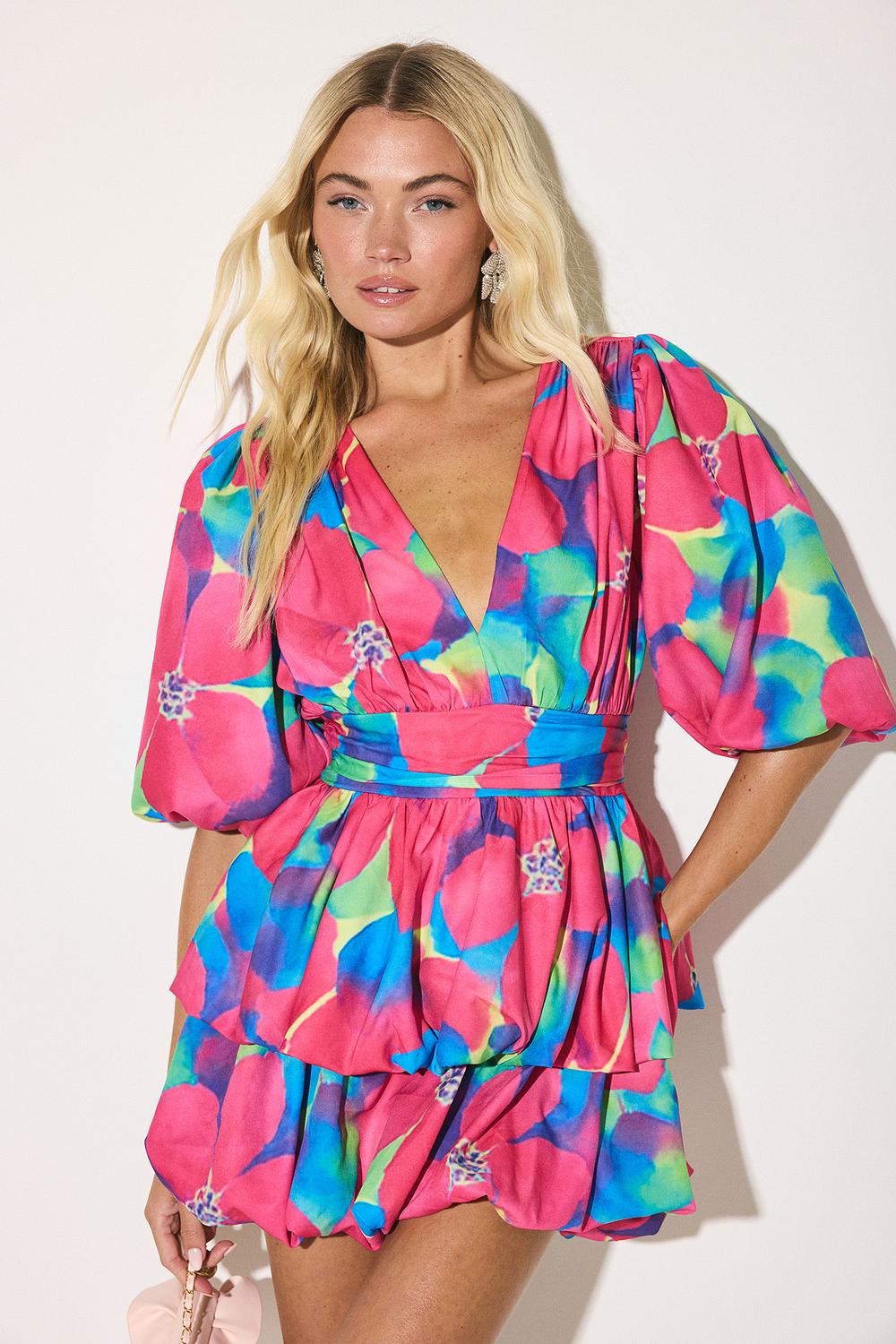 Robe multicolore à manches bouffantes et imprimé floral