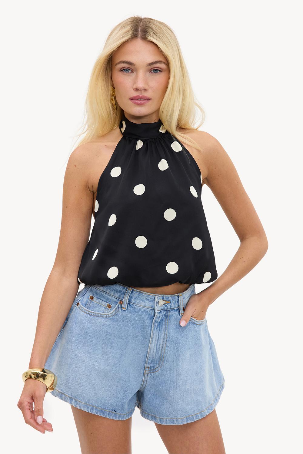 Black halter top with off-white polka dots