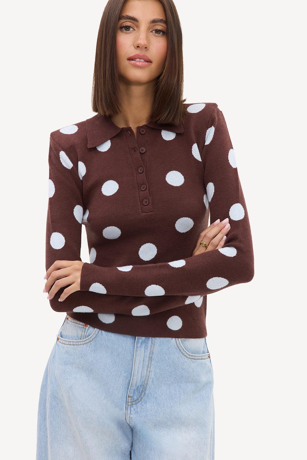 Brown long-sleeved top with light blue polka dots