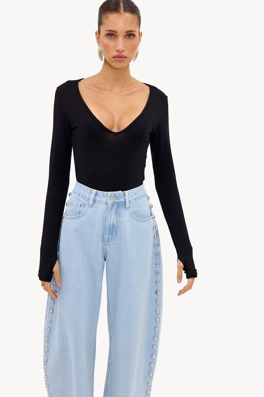 Black V-neck bodysuit