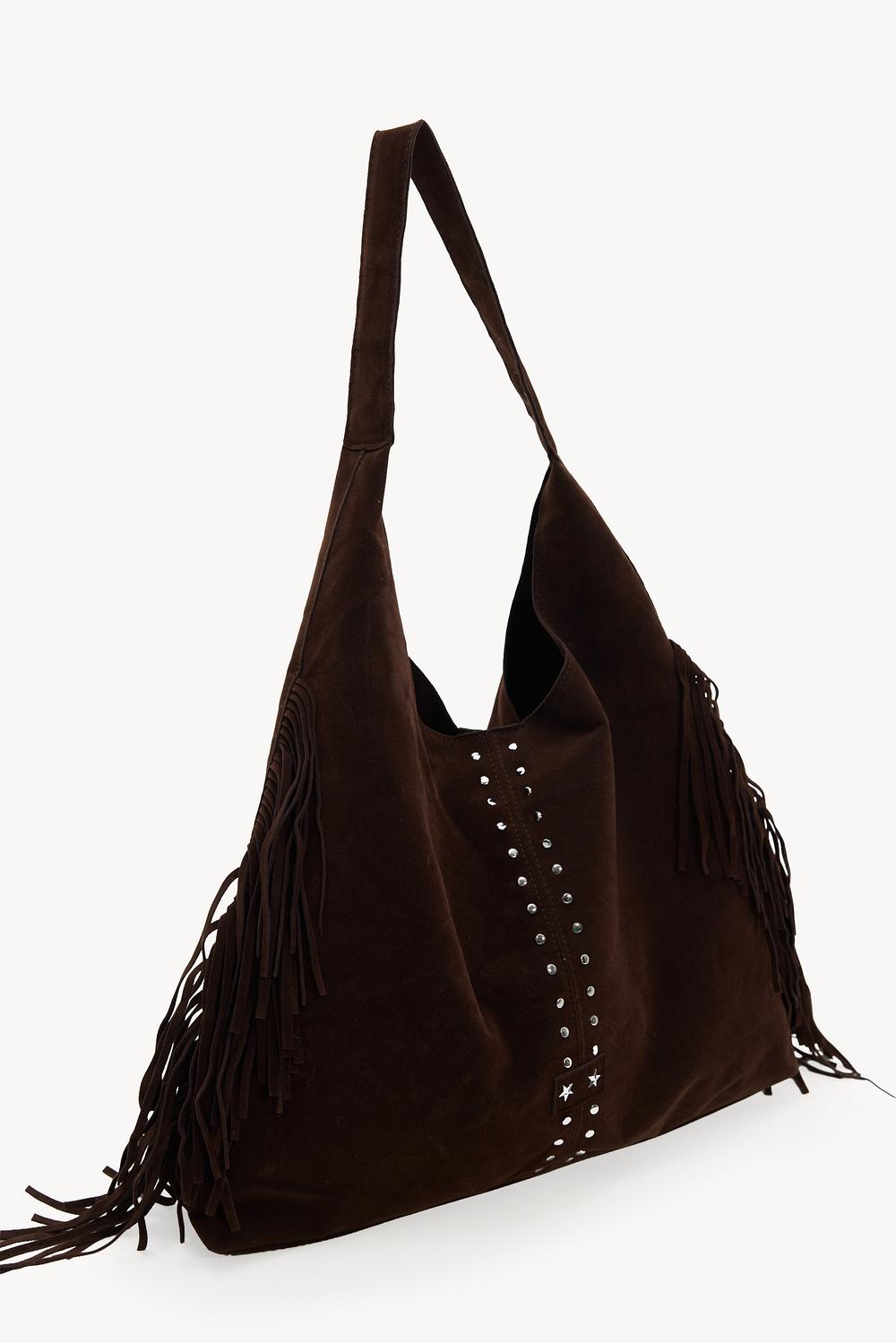 Bolso marrón oscuro con flecos y tachuelas