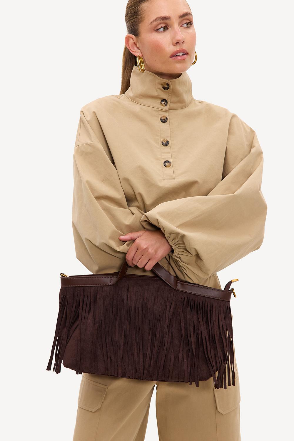 Dark brown suede-look bag with fringe