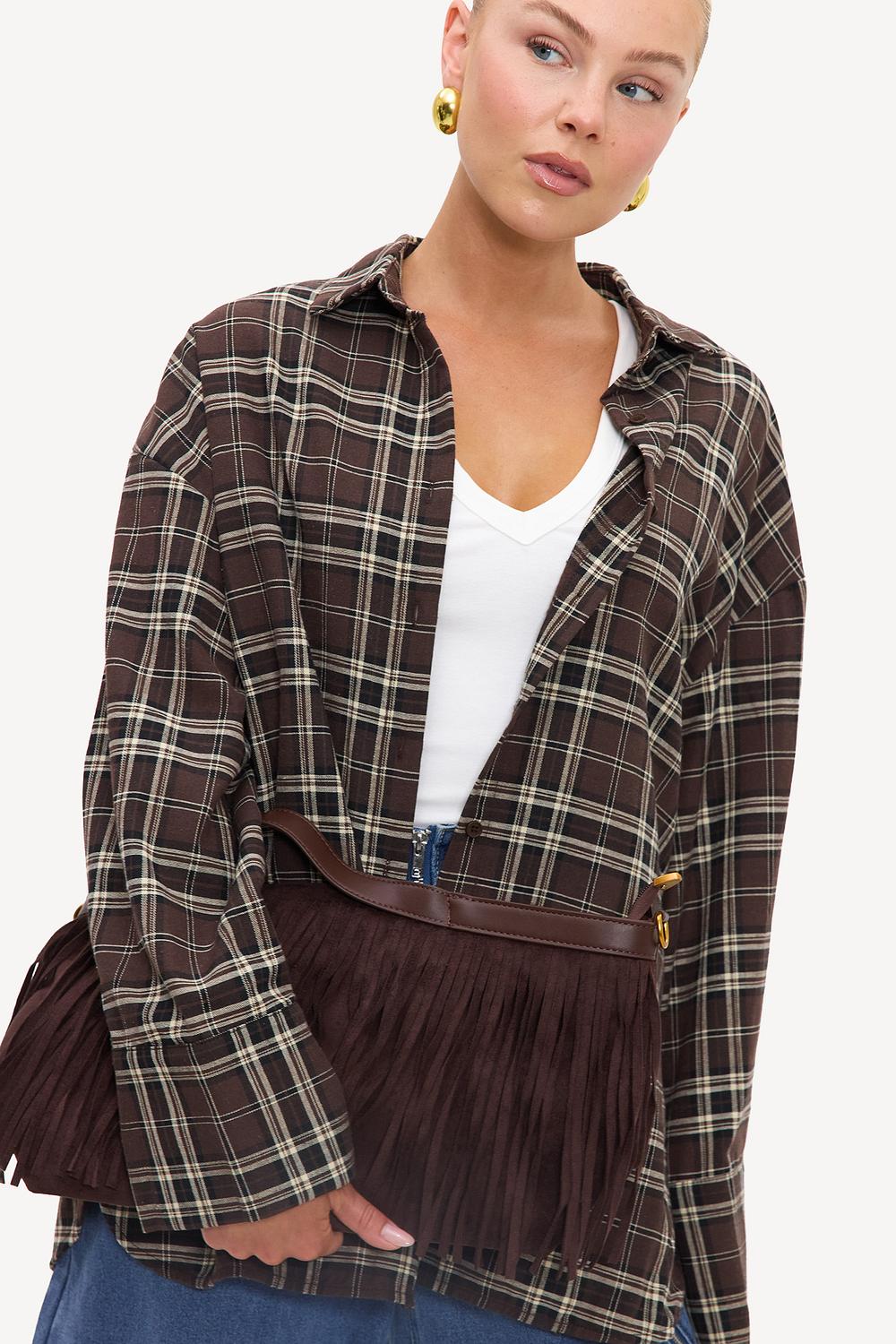 Dark brown suede-look bag with fringe 